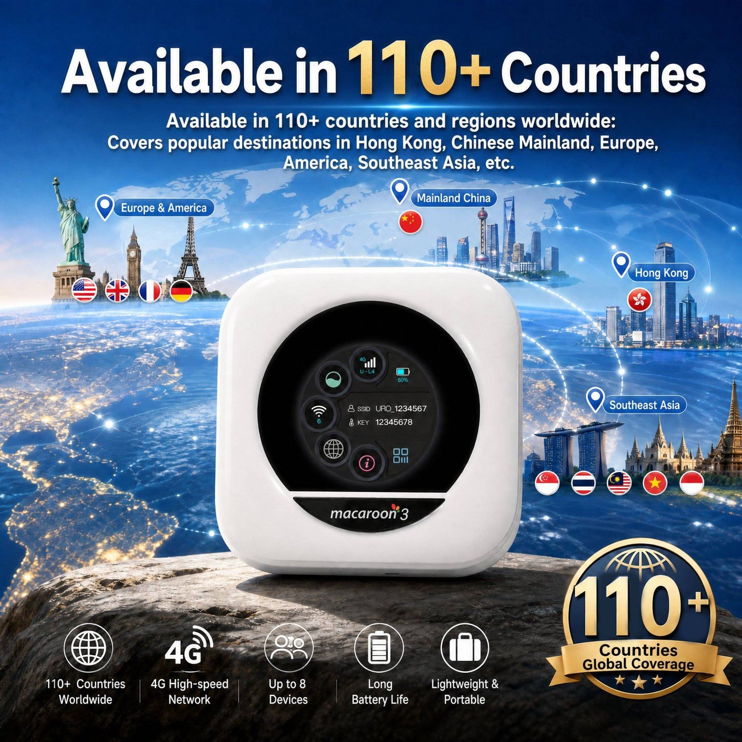 Best Portable WiFi Hotspot for International Travel | Global Internet in 110+ Countries - Macaroon 3 M3B